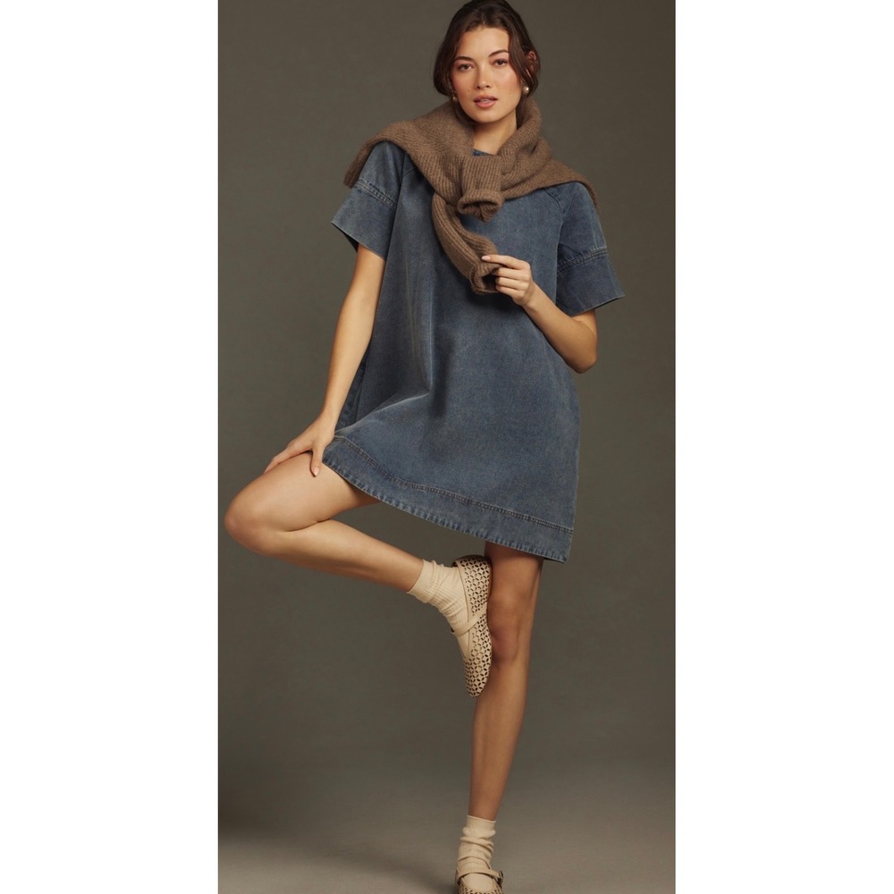Anthropologie Porridge Denim Mini‎ Shift Dress Short Sleeve Womens Medium Petite
